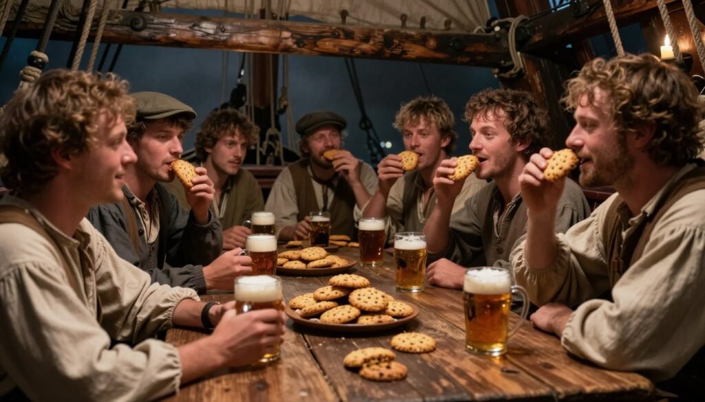 A Tudor ship's crew gathered around a rustic wooden table aboard their vessel, sharing hearty biscuits and mugs of frothy beer, reflecting camaraderie amidst maritime exploration. The crew is dressed in modest, period-appropriate attire, with sailors in woolen shirts and trousers, some wearing simple hats. In the foreground, focus on the textured, golden-brown ships biscuits and the glistening mugs. The middle ground features the animated faces of the crew, their expressions showcasing joy and relief, as they enjoy a moment of respite. In the background, dimly lit sails and weathered wooden beams create a moody atmosphere, with soft, warm candlelight illuminating the scene, evoking a sense of adventure and nostalgia. A slightly angled perspective adds depth, emphasizing their shared experience aboard the historic ship.