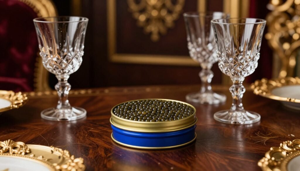 A blue tin of beluga caviar placed elegantly on a lavish royal table, surrounded by exquisite crystal goblets. The scene is set in a luxuriously decorated space featuring rich dark wood and gold accents, evoking the grandeur of Imperial Russia. The lighting is moody and dramatic, casting soft shadows that enhance the opulence of the setting. The caviar glistens in the gentle light, showcasing its rich, glimmering texture. In the background, hints of ornate gold trim and velvet drapery add depth, while the depth of field creates a focal point on the caviar. The atmosphere conveys a sense of luxury and sophistication, perfect for illustrating the dark history and allure of beluga caviar.