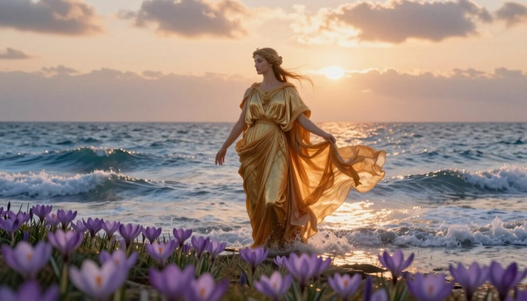 A breathtaking scene of the Greek dawn goddess, ethereal and majestic, rising gracefully from the shimmering ocean, enveloped in a flowing saffron robe that billows like waves in the morning breeze. In the foreground, vibrant crocus plants bloom, their delicate purple petals contrasting beautifully with the golden hues of the robe and the soft blue water. The middle ground features gently lapping waves reflecting the dawn's soft light, while the background reveals a warm, moody sky transitioning from night to day, with hints of terracotta-colored clouds. The atmosphere is serene and magical, capturing the essence of Roman antiquity. Light is diffused and golden, creating a dreamy ambiance. The composition draws the viewer's eye from the lush flora to the divine figure, evoking feelings of wonder and reverence.