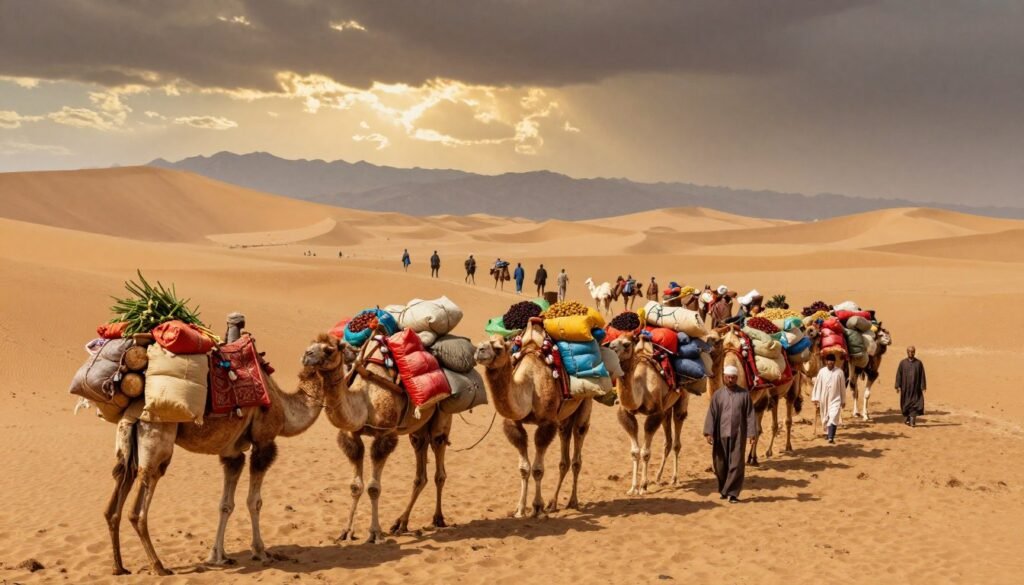 A bustling Silk Road caravan traverses a vast desert landscape, laden with vibrant bundles of mulberry cuttings and colorful sacks of dried fruit. In the foreground, sturdy camels carry the precious cargo, their saddles adorned with intricately woven raw silk cloth. Merchants in modest, professional attire guide the caravan, their determined expressions reflecting the harsh yet beautiful journey ahead. The middle ground reveals undulating sand dunes under a dramatic sky, where moody, golden light casts long shadows. In the background, distant mountains fade into a hazy horizon, hinting at the ancient paths once traveled. The atmosphere is filled with a sense of adventure and the rich history of commerce along this iconic trade route, inviting exploration and discovery.