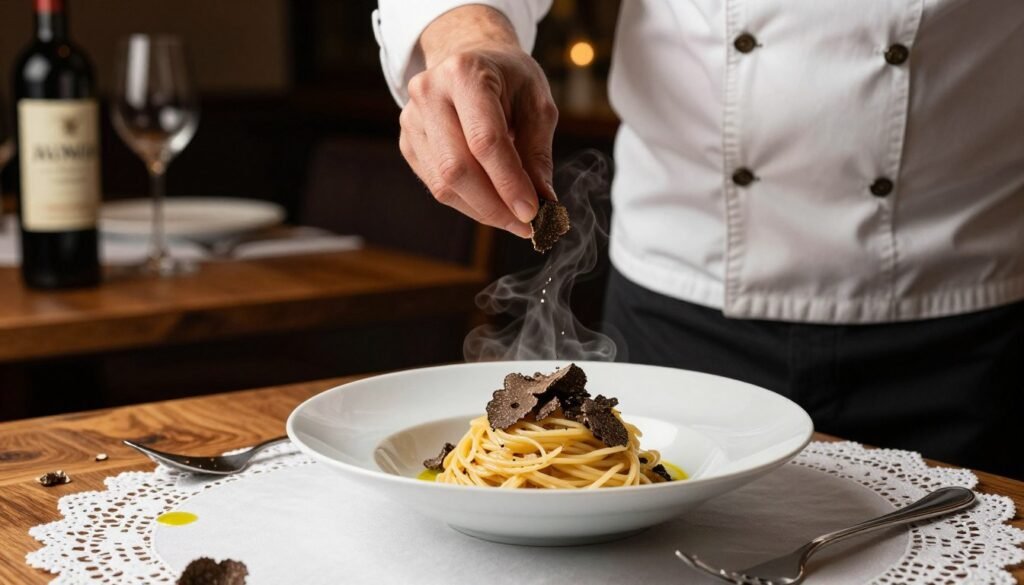 A chef in a crisp white jacket and black pants skillfully shaves fresh black truffles over a bowl of al dente pasta, the rich, earthy aroma wafting through the air. The foreground features a fine lace tablecloth adorned with an elegant presentation of the dish, glistening with a drizzle of olive oil. In the middle ground, a rustic wooden table complements the culinary scene, while truffle shavings cascade delicately onto the pasta. The background is softly blurred, hinting at an intimate, moody restaurant ambiance with warm, subdued lighting creating a cozy atmosphere. A vintage wine bottle and glass are subtly positioned, enhancing the gourmet experience. The composition captures the artistry of high-end dining, focusing on the luxurious experience of flavor and fragrance.