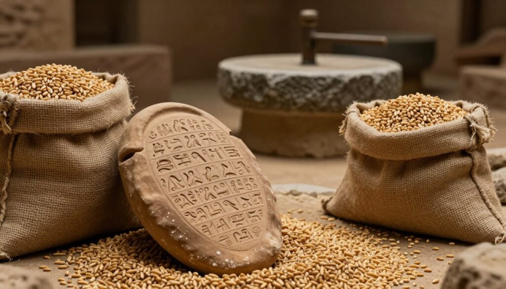 A clay tablet featuring intricate wedge-shaped writing rests in the foreground, showcasing the artistry of ancient Sumerian scripts. Beside it, several burlap sacks filled with golden barley grain are stacked, emphasizing the importance of this staple crop in early civilizations. The middle ground reveals a rustic setting, highlighted by heavy grinding stones, used for processing grain in ancient times. The background fades into softly lit shadows, evoking a moody and historical atmosphere. The scene is illuminated by warm, diffused lighting that enhances the texture of the clay and the grain, creating depth and inviting viewers to reflect on the significance of barley in agricultural history. The perspective is slightly elevated, giving a comprehensive view of this rich cultural tableau.