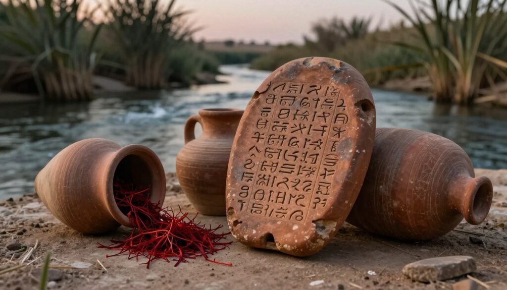 A clay tablet inscribed with intricate cuneiform text naming saffron prominently in the foreground, its surface rich with historical textures and markings. Nearby, several aged terracotta jugs spill raw saffron strands, their earthy tones contrasting against the tablet's brown. The background features a gently flowing Mesopotamian river, its water shimmering under soft, moody lighting that hints at twilight, enhancing the ancient atmosphere. Tall, slender papyrus plants grace the riverbanks, their silhouettes softly outlined. Shot from a low angle, the scene invites the viewer into this moment, emphasizing the depth of history and the mystical allure of saffron, evoking a sense of exploration into the ancient past.
