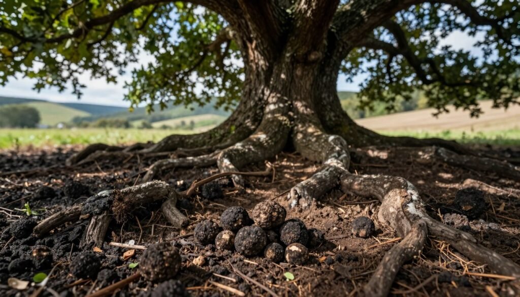 A close-up of a bare, burnt patch of soil surrounding a majestic oak tree, its gnarled roots partially exposed. The earthy tones of the scorched soil contrast with the deep green of the tree’s leaves, indicating the presence of precious black truffles just beneath the surface. The composition captures the intricate details of the truffles, showcasing their rough texture and rich, dark color. Light filters through the canopy, casting soft, moody shadows on the ground, evoking a sense of mystery and anticipation. In the background, a blurred landscape of rolling hills hints at the truffle's luxurious history. The scene conveys a serene yet intriguing atmosphere, capturing the essence of a culinary journey through nature.