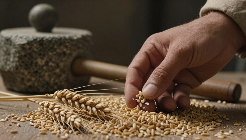 A close-up of a hand delicately touching a shattering wild barley ear, with the contrasting resilience of a tough cultivated barley ear in the foreground. The hand, clad in modest, earthy-toned fabric, conveys a sense of connection and reverence to the two types of barley. The background features rustic Roman farming tools, such as heavy grinding stones, with moody, soft lighting creating an atmospheric ambiance that highlights the textures of the barley. This image captures the essence of agricultural history, inviting viewers to reflect on the journey of this vital grain. The angle is slightly tilted for dynamic perspective, enhancing the tactile quality of the barley while remaining deeply rooted in the theme of agricultural heritage.