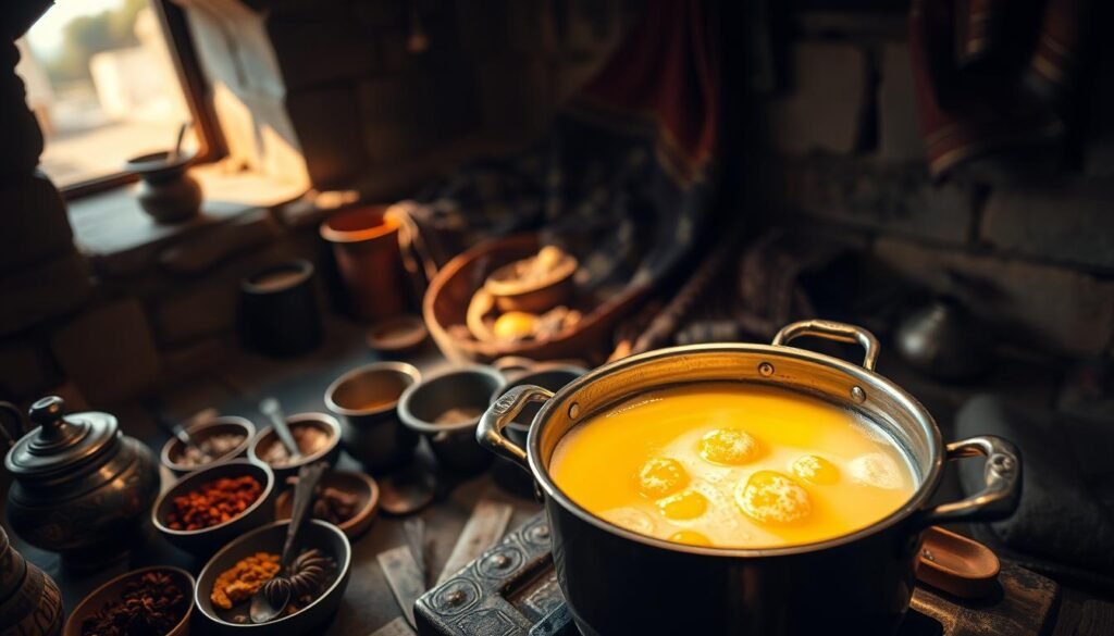 A cook in a cozy, rustic kitchen, carefully simmering golden butter in a traditional pot over a low flame, showcasing the process of making clarified butter. In the foreground, the pot reveals bubbling butter with milk solids beginning to separate, while various ancient Indian spices and antique utensils surround it, adding historical context. In the middle ground, warm ambient light casts soft shadows, enhancing the moody, cinematic atmosphere. The background features stone walls adorned with traditional Indian fabrics, evoking a sense of time and cultural significance. The scene captures the intricate art of ghee-making, emphasizing the sacred connection to ancient practices, creating an inviting yet reverent mood, with the focus on the gentle transformation of the butter. A cook in a cozy, rustic kitchen, carefully simmering golden butter in a traditional pot over a low flame, showcasing the process of making clarified butter. In the foreground, the pot reveals bubbling butter with milk solids beginning to separate, while various ancient Indian spices and antique utensils surround it, adding historical context. In the middle ground, warm ambient light casts soft shadows, enhancing the moody, cinematic atmosphere. The background features stone walls adorned with traditional Indian fabrics, evoking a sense of time and cultural significance. The scene captures the intricate art of ghee-making, emphasizing the sacred connection to ancient practices, creating an inviting yet reverent mood, with the focus on the gentle transformation of the butter.