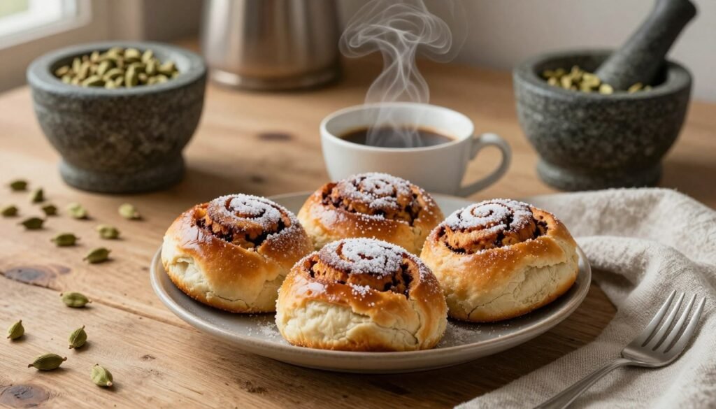 A cozy Scandinavian kitchen table set with a rustic, hand-crafted wooden surface, featuring a beautifully arranged plate of freshly baked cardamom buns, their golden-brown crust glistening with a dusting of sugar. Beside the buns, a steaming cup of spiced coffee emits delicate tendrils of aromatic steam, captured in soft, warm lighting that enhances the inviting atmosphere. In the background, glimpses of heavy stone mortars filled with raw green cardamom pods echo the Dutch Golden Age aesthetic, while a textured linen tablecloth adds subtle warmth. The overall mood is serene and inviting, inviting viewers to explore the rich history of cardamom in early human civilization. Use a slightly overhead angle to capture the details, ensuring a shallow depth of field that softly blurs the background while keeping the focus on the delicious treats.