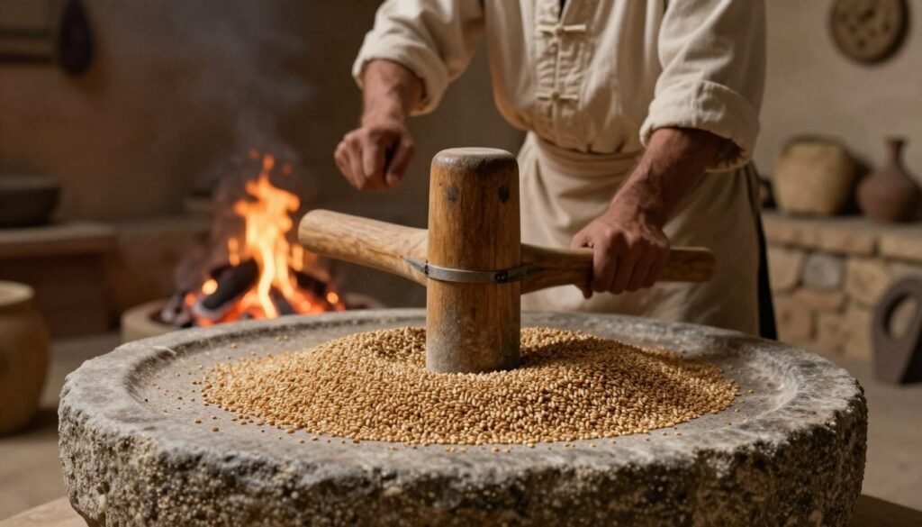 A dedicated cook, dressed in modest, traditional clothing, skillfully rocks a wooden muller across a worn, ancient saddle quern lower stone, densely loaded with grains. The foreground showcases the textured surface of the quern, emphasizing the details of the grains and the movement of the muller. In the middle, the glowing embers of a small fire flicker softly, casting warm, moody lighting that highlights the scene's historical context. The background features rustic stone walls and hints of Neolithic artifacts, adding depth and authenticity to the atmosphere. Capture this moment with a soft focus effect, simulating a shallow depth of field, to enhance the tactile sensation of the grain milling process and evoke a sense of connection to our culinary past.