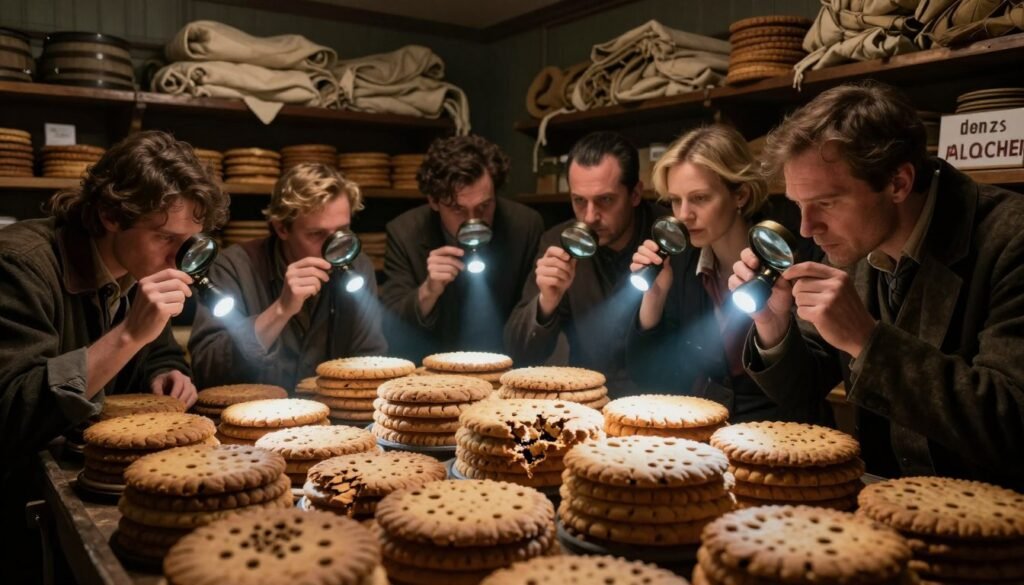 A dimly lit old bread store, filled with barrels stacked with ancient ship biscuits, reveals signs of weevil damage. In the foreground, a diverse crew of professionals, dressed in modest contemporary clothing, inspects the biscuits with serious expressions, using magnifying glasses and flashlights. The middle layer shows the rough texture of the biscuits, some crumbling, while others display tiny holes from weevil infestations. In the background, shelves lined with raw sailcloth create a maritime atmosphere, bathed in moody, atmospheric lighting that casts dramatic shadows. The scene evokes a sense of historical intrigue, emphasizing the importance of quality control aboard ships during exploration. Capture this moment with a slightly downward angle, creating an immersive and focused look at the inspection process.