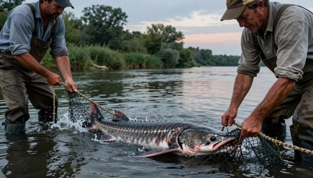 A dynamic scene depicting a Delaware River fishing crew in the midst of landing a large sturgeon, destined for the American caviar market. In the foreground, focus on two fishermen in modest casual clothing, skillfully handling the fish with nets and ropes. Their expressions should reflect concentration and determination. In the middle ground, show the sturgeon splashing in the water, glistening under soft moody lighting that highlights its scales. The background features a tranquil river lined with lush greenery, under a dusky sky that suggests the end of a day's work. Use a slightly low angle to emphasize the fishermen's hard work and the significance of the catch, evoking a sense of history and urgency related to caviar production.