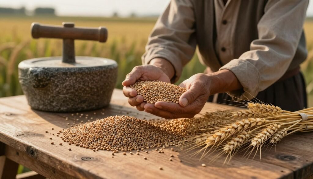 A focused scene capturing a farmer in modest, traditional attire, intently comparing husked emmer grain and free-threshing wheat on a rustic wooden table. The foreground highlights the contrasting textures and colors of the grains, showcasing the speckled, nutty tones of emmer against the smooth, golden wheat. In the middle, heavy grinding stones evoke ancient practices, subtly hinting at the grain's historical significance. The background is softly blurred, featuring hints of lush fields under moody, atmospheric lighting that suggests late afternoon, casting gentle shadows across the table. The overall mood conveys a sense of reverence for agricultural heritage, inviting viewers to contemplate the rich history of these grains.