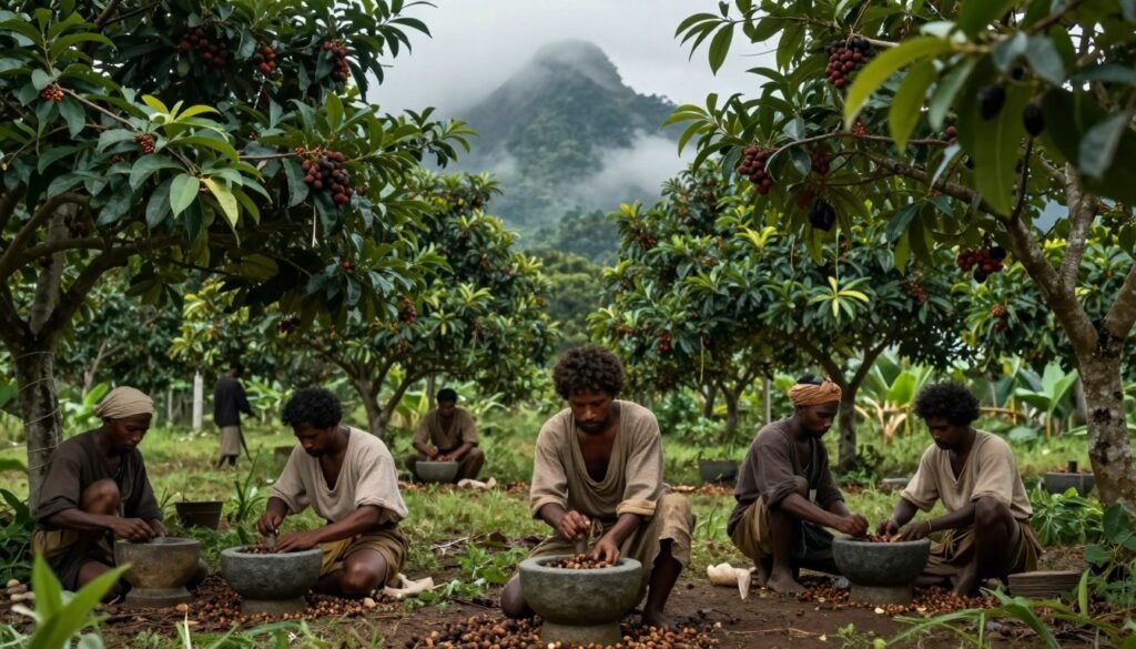 A historical scene set on a Banda plantation during the Dutch Golden Age, depicting enslaved workers harvesting nutmeg and mace. In the foreground, workers in modest clothing carefully gather nutmeg from lush green trees, using heavy stone mortars to process the spice. Their focused expressions reflect the hard labor and resilience of their situation. The middle ground features sprawling plantation fields, rich in foliage and vibrant with life, contrasting with the somber atmosphere. The background shows tropical mountains shrouded in mist, creating a sense of depth. The scene is illuminated by moody, diffused lighting that emphasizes the weight of history, evoking a somber mood while highlighting the beauty of the environment. Shot from a slightly elevated angle for a panoramic view.