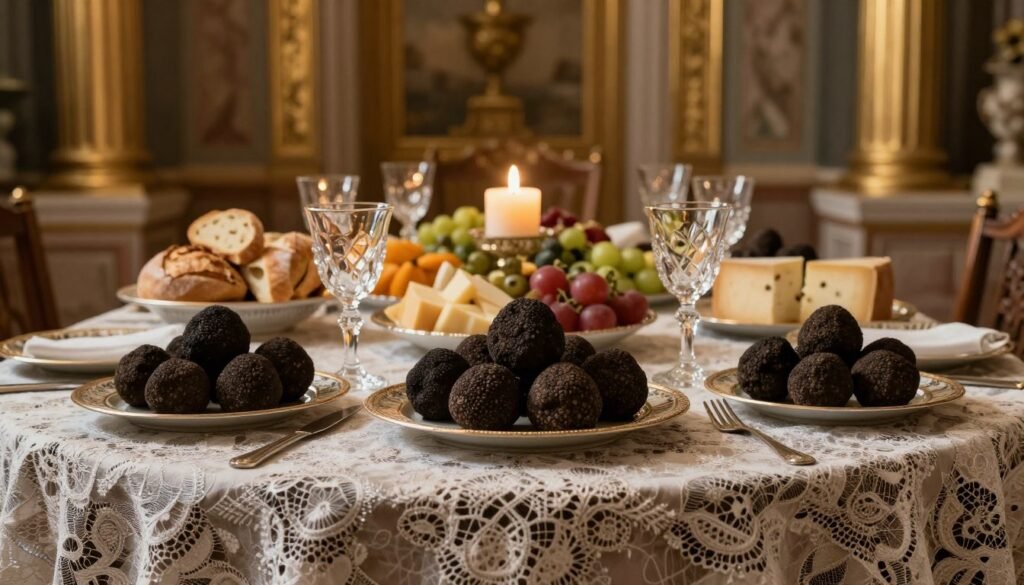 A lavish Roman banquet table adorned with a fine lace tablecloth, elegantly draped and shimmering under soft, moody lighting. In the foreground, raw black truffles are artfully arranged on ornate serving dishes, showcasing their dark, earthy textures. Surrounding them, delicate glassware glimmers, reflecting the warm candlelight. In the middle ground, an assortment of luxurious delicacies, such as freshly baked bread, fruits, and rich cheeses, complements the truffles, adding to the feast's opulence. In the background, golden-hued walls and classical columns create a regal ambiance, hinting at the grandeur of Roman dining culture. The composition captures the essence of indulgence and history, inviting viewers to experience the elegance of a bygone era.