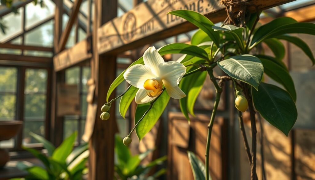 A lush vanilla orchid vine gracefully climbs the trellis inside a European greenhouse, its delicate emerald leaves contrasting against the weathered wood. The focal point is an open flower, showcasing its creamy, pale petals and intricate center, while pods are absent, emphasizing the bloom's beauty. The scene bathes in soft, warm lighting that filters through the greenhouse's glass panes, casting gentle shadows on the ground. In the background, hints of aged parchment maps and artifacts hint at the rich Mesoamerican history of vanilla cultivation. The atmosphere evokes a sense of tranquility and reverence for the natural world, inviting the viewer to explore the intertwined destinies of wealth and ruin. The angle captures both the intricacies of the orchid and the overall lushness of the environment.