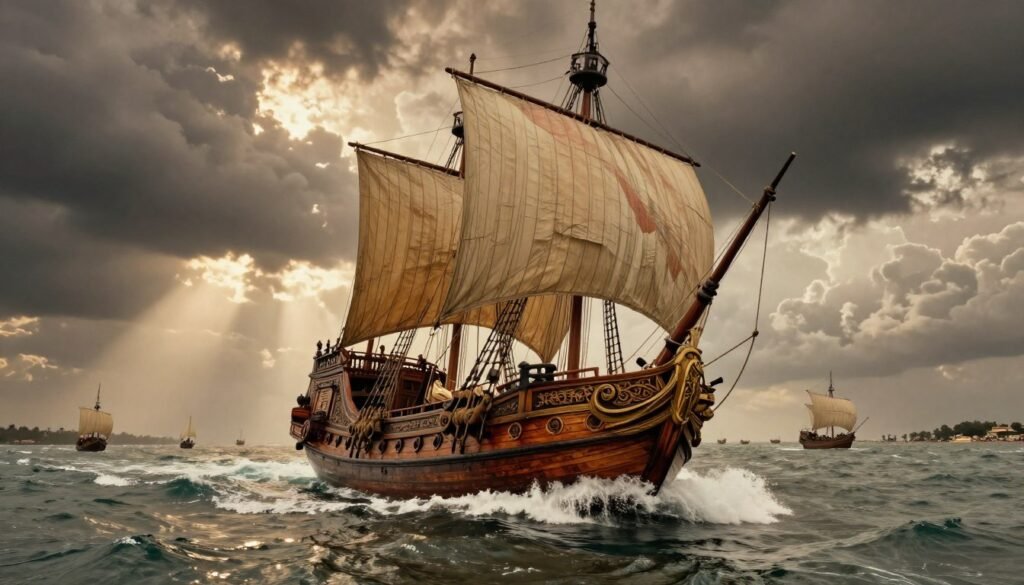 A majestic Roman trading ship, adorned with intricate carvings and vibrant sails, navigates the rolling waves under the powerful monsoon winds as it journeys toward the ancient port of Muziris. In the foreground, the ship's bow cuts through foamy waves, with ropes taut and sails billowing dramatically. The middle ground features a bustling sea filled with dappled light, captured in a vintage documentary style that highlights its historical significance. The background showcases dark, stormy clouds gathering above, with flashes of sunlight piercing through, casting a warm, earthy glow on the scene. The atmosphere is one of adventure and anticipation, evoking the rich heritage of maritime trade. Shot from a low angle to emphasize the ship's grandeur against the vast sea, the photograph embodies an evocative journey through history. A majestic Roman trading ship, adorned with intricate carvings and vibrant sails, navigates the rolling waves under the powerful monsoon winds as it journeys toward the ancient port of Muziris. In the foreground, the ship's bow cuts through foamy waves, with ropes taut and sails billowing dramatically. The middle ground features a bustling sea filled with dappled light, captured in a vintage documentary style that highlights its historical significance. The background showcases dark, stormy clouds gathering above, with flashes of sunlight piercing through, casting a warm, earthy glow on the scene. The atmosphere is one of adventure and anticipation, evoking the rich heritage of maritime trade. Shot from a low angle to emphasize the ship's grandeur against the vast sea, the photograph embodies an evocative journey through history.