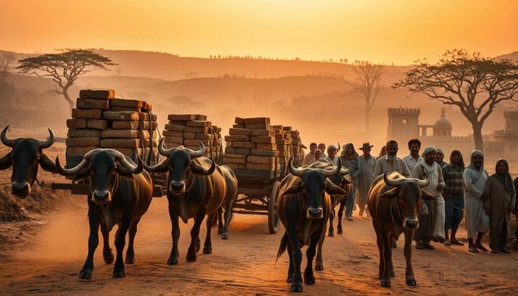 A merchant caravan traverses a dusty trade route in ancient Asia, laden with large blocks of raw sugarcane jaggery. In the foreground, intricately decorated wooden carts are pulled by sturdy, rustic oxen, their eyes reflecting the warm glow of a moody cinematic sunset. The middle ground showcases a diverse group of traders in modest casual clothing, expertly arranging the jaggery blocks while exchanging stories, their faces adorned with expressions of pride and camaraderie. In the background, gently rolling hills create a serene backdrop, dotted with ancient trees and hints of distant settlements, bathed in golden light. The atmosphere is rich with a sense of history and tradition, evoking the vibrant culture surrounding the origins of Indian jaggery. The overall scene is captured with a slightly elevated angle, emphasizing the busy, thriving nature of the trade route. A merchant caravan traverses a dusty trade route in ancient Asia, laden with large blocks of raw sugarcane jaggery. In the foreground, intricately decorated wooden carts are pulled by sturdy, rustic oxen, their eyes reflecting the warm glow of a moody cinematic sunset. The middle ground showcases a diverse group of traders in modest casual clothing, expertly arranging the jaggery blocks while exchanging stories, their faces adorned with expressions of pride and camaraderie. In the background, gently rolling hills create a serene backdrop, dotted with ancient trees and hints of distant settlements, bathed in golden light. The atmosphere is rich with a sense of history and tradition, evoking the vibrant culture surrounding the origins of Indian jaggery. The overall scene is captured with a slightly elevated angle, emphasizing the busy, thriving nature of the trade route.