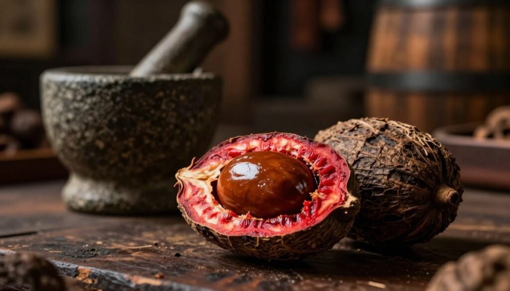 A ripe nutmeg fruit split open, showcasing its vivid scarlet mace surrounding a glossy brown seed. The foreground features the textured surface of the nutmeg, with intricate details on the mace and seed. The middle ground includes heavy stone mortars typically used in the Dutch Golden Age, subtly hinting at the historical context of trade and monopolies. The background is softly blurred, suggesting an ambiance of a dimly lit spice market, with hints of dark wood and aged barrels to evoke moodiness. Emphasize warm, subdued lighting to create a rich, atmospheric contrast that captures the allure and significance of nutmeg in global trade history. The angle should be slightly elevated to provide a comprehensive view of the fruit’s interior, without any text or watermarks.