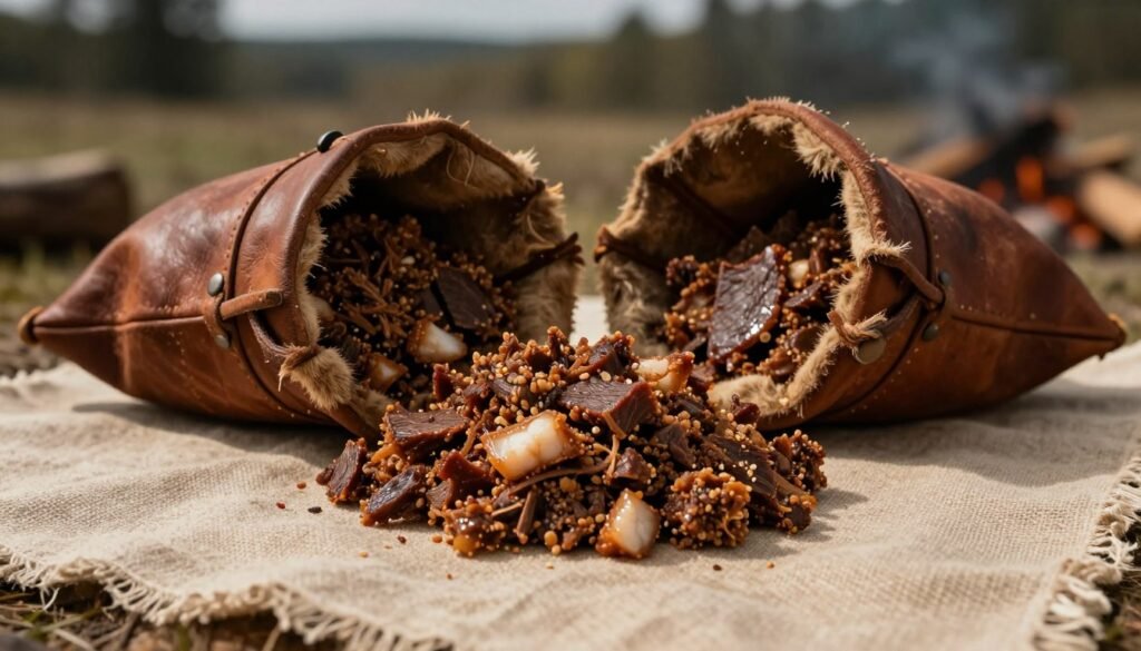 A rustic scene displaying pounded dried meat mixed with hot rendered fat, artistically arranged beside a traditional hide bag, evoking the essence of frontier survival. In the foreground, the pemmican mixture is textured and rich, glistening slightly in the warm light, while the hide bag, made from meticulously tanned leather, rests nearby, hinting at its historical significance. The middle ground captures a raw linen canvas as a subtle base, enhancing the earthy tones. In the background, softly blurred, hints of a natural setting emerge, perhaps with the faint outline of a campfire or distant trees, creating a moody atmosphere. The lighting is warm and intimate, casting soft shadows and highlighting the focus on the pemmican, inviting a sense of exploration and connection to the past. A rustic scene displaying pounded dried meat mixed with hot rendered fat, artistically arranged beside a traditional hide bag, evoking the essence of frontier survival. In the foreground, the pemmican mixture is textured and rich, glistening slightly in the warm light, while the hide bag, made from meticulously tanned leather, rests nearby, hinting at its historical significance. The middle ground captures a raw linen canvas as a subtle base, enhancing the earthy tones. In the background, softly blurred, hints of a natural setting emerge, perhaps with the faint outline of a campfire or distant trees, creating a moody atmosphere. The lighting is warm and intimate, casting soft shadows and highlighting the focus on the pemmican, inviting a sense of exploration and connection to the past.