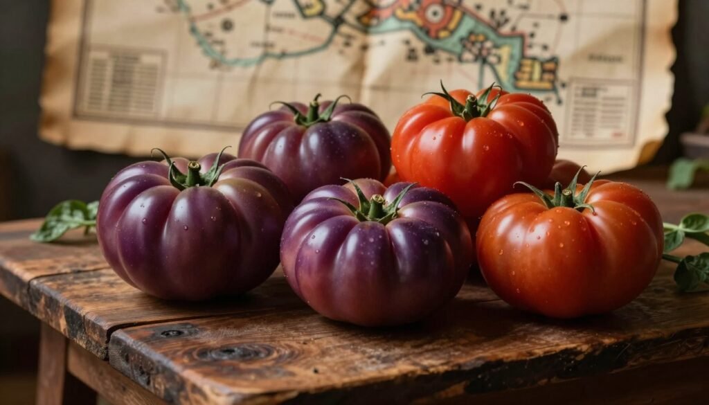 A rustic wooden table holds an arrangement of vibrant heirloom tomatoes, showcasing the rich purple hues of Cherokee Purple and the deep red of Brandywine tomatoes. The scene is illuminated by soft, moody lighting that adds a touch of warmth and creates gentle shadows, evoking a sense of history and nostalgia. In the background, blurred outlines of aged parchment maps hint at Mesoamerican antiquity, enhancing the storytelling theme. The focus is on the tomatoes, capturing their unique textures and intricate details. The angle is slightly above, allowing a clear view of the tomatoes' colorful skins and luscious forms, with hints of green leaves softly framing the composition. The atmosphere is inviting yet mysterious, reflecting an appreciation for the legacy of these heirloom varieties. A rustic wooden table holds an arrangement of vibrant heirloom tomatoes, showcasing the rich purple hues of Cherokee Purple and the deep red of Brandywine tomatoes. The scene is illuminated by soft, moody lighting that adds a touch of warmth and creates gentle shadows, evoking a sense of history and nostalgia. In the background, blurred outlines of aged parchment maps hint at Mesoamerican antiquity, enhancing the storytelling theme. The focus is on the tomatoes, capturing their unique textures and intricate details. The angle is slightly above, allowing a clear view of the tomatoes' colorful skins and luscious forms, with hints of green leaves softly framing the composition. The atmosphere is inviting yet mysterious, reflecting an appreciation for the legacy of these heirloom varieties.