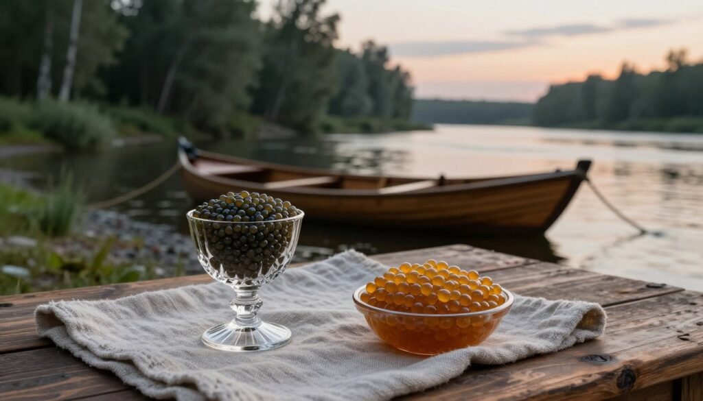 A rustic wooden table set against the backdrop of a gently flowing Russian river at dusk. In the foreground, a small, elegant crystal goblet filled with shimmering raw beluga caviar sits atop a fine linen cloth, glistening under soft, moody lighting. Next to it, a bowl of salted sturgeon roe, richly colored and delicately arranged, signifies nourishment for a long voyage. The middle ground features a traditional wooden boat tied to the riverbank, evoking a sense of adventure. In the background, lush, dark green trees frame the scene, partially obscured by sunset mist. The atmosphere is serene yet evocative, hinting at the historical significance of these delicacies in Russian culture, inviting viewers to reflect on the complex legacy of beluga caviar.
