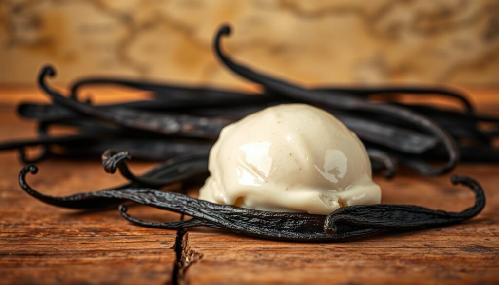 A scoop of creamy vanilla ice cream rests temptingly on a rustic wooden table, surrounded by split raw vanilla beans that reveal their fragrant seeds. The foreground captures the glossy texture of the ice cream, glistening under soft, warm light that adds a rich, inviting hue. In the middle ground, the dark, earthy tones of the vanilla beans contrast beautifully with the pale ice cream, hinting at their exotic origin. The background suggests aged parchment maps subtly blurred to evoke a sense of Mesoamerican antiquity, enhancing the atmosphere with a moody elegance. The overall mood is tranquil and nostalgic, evoking a journey through history, ideal for illustrating the luxurious yet complex story of vanilla beans.
