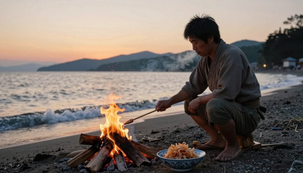 A serene Edo-period Japanese fisherman, dressed in modest casual clothing, is skillfully smoking skipjack over a glowing driftwood fire on the picturesque Tosa shore in Kochi. In the foreground, the fisherman holds a beautifully carved wooden skewer, with delicate porcelain bowls of freshly prepared katsuobushi placed nearby. The gentle waves lap at the shore, reflecting the warm, moody lighting of a setting sun. In the middle ground, wisps of smoke gently billow upward, blending with the horizon as silhouettes of distant mountains frame the scene. The atmosphere is tranquil and nostalgic, evoking a sense of tradition and craftsmanship. The image captures the rustic charm of the shoreline, emphasizing the fisherman’s art and connection to nature.