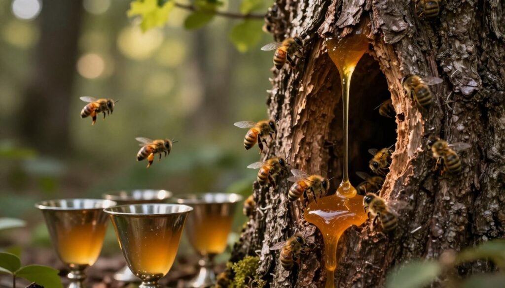 A serene forest scene showcasing wild bees buzzing around a hollow tree, from which golden, viscous honey drips. In the foreground, a collection of ornate metal chalices filled with raw mead glistens under warm, moody lighting, emphasizing the richness of the honey's color. The bees are detailed and lively, darting in and out of the hollow, while the tree's bark is rugged and textured, suggesting age and history. In the background, soft bokeh effects create a dreamy atmosphere, with dappled sunlight filtering through the leaves above. The overall mood feels warm and inviting, evoking a sense of ancient traditions and natural sweetness. Capture the scene from a slightly low angle to elevate the tree and enhance the depth of the setting.