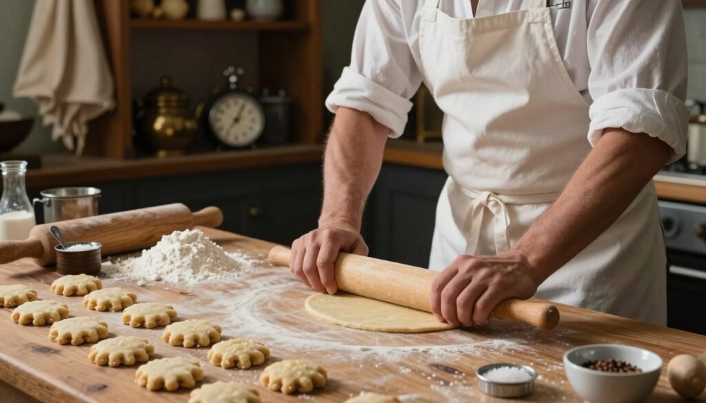 A skilled baker, dressed in a modest white apron and casual shirt, is intently rolling stiff dough on a rustic wooden countertop, showcasing their expertise in biscuit-making. In the foreground, a docker tool punctures the dough to achieve the perfect thickness for traditional ships biscuits. The middle ground features scattered raw ingredients like flour and salt, hinting at the craftsmanship involved. In the background, dimly lit shelves display historical maritime artifacts and raw sailcloth, enhancing the nautical theme. Soft, moody lighting casts gentle shadows, creating an atmosphere of warmth and nostalgia, reflecting the rich history and significance of baked goods in maritime exploration.