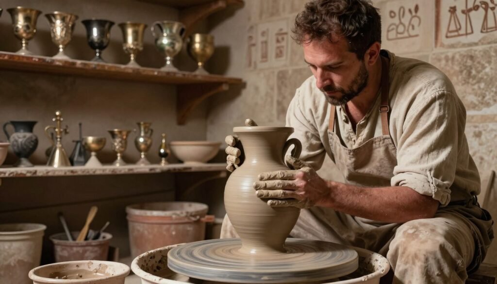 A skilled potter, clad in simple yet modest attire, is intently shaping a wheel-thrown amphora body in a rustic Roman workshop. The foreground features the potter's hands expertly molding the clay, with fine details of the textured surface of the emerging amphora. In the middle ground, shelves lined with ornate metal chalices and tools of the trade showcase the craftsmanship of the era. The background reveals stone walls adorned with subtle ancient symbols, illuminated by warm, moody lighting that casts gentle shadows, creating an atmosphere of focused artistry. The scene is captured with a slightly tilted angle, emphasizing the movement and dynamic process of creation. This tranquil yet industrious setting evokes the rich history of ancient amphora wine production.