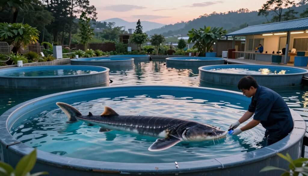 A tranquil aquaculture farm featuring large, circular tanks filled with clear water, where beluga sturgeon gracefully swim. The tanks are surrounded by lush greenery and modern infrastructure, emphasizing a conservation-friendly approach. In the foreground, a researcher in professional attire examines the sturgeon with care, showcasing a dedication to sustainable practices. The middle ground captures the shimmering water surface reflecting soft, moody lighting, creating an ethereal atmosphere. In the background, tall trees and distant hills mystically fade into a twilight sky. The image exudes a sense of serenity and hope, inviting viewers to reflect on the journey of beluga caviar, from raw ingredients to luxurious dining experiences, all under responsible farming practices.