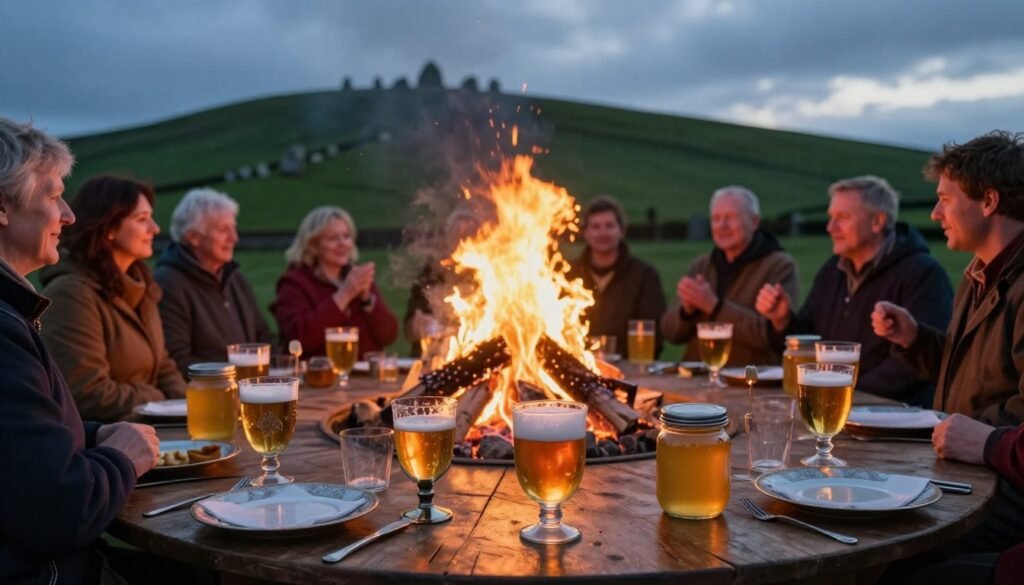A vibrant Bealtaine bonfire flickers on the Hill of Uisneach, casting warm, moody light across a royal banquet spread. In the foreground, ornate metal chalices filled with raw mead and jars of golden honey adorn a wooden table, reflecting the fire's glow. The middle ground features a gathering of modestly dressed individuals in a festive atmosphere, engaging in joyous conversation, their faces illuminated by the firelight. In the background, the lush green hills under a twilight sky create a serene backdrop, dotted with ancient stones. Use a deep focus lens to capture the intricate details of the feast while maintaining the soft blur of the distant landscape. The scene conveys a sense of celebration and tradition, highlighting the historical significance of mead in cultural gatherings.
