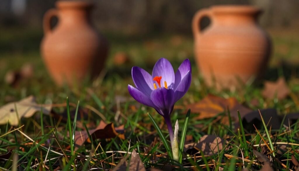 A vibrant purple crocus sativus flower, with its delicate petals unfurling to reveal three striking red stigmas, stands prominently in the foreground. The flower is nestled amidst lush autumn grass, its tender blades kissed by the soft, warm light of a low sun, casting gentle shadows that enhance the rich colors. In the background, hints of terracotta jugs evoke the essence of Roman antiquity, providing a touch of historical context. The scene is enveloped in a moody and slightly mystical atmosphere, reminiscent of ancient myths surrounding saffron. The composition is captured from a slight angle to emphasize the beauty and intricacy of the flower and its surroundings, creating an inviting yet enigmatic visual narrative.