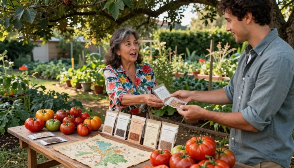 A vibrant scene at a seed swap table, set in a lush garden filled with heirloom tomatoes of various colors. In the foreground, two gardeners, a middle-aged woman in a floral blouse and a younger man in a button-up shirt, exchange packets of heirloom seeds, their expressions animated and joyful. The middle layer features a rustic wooden table adorned with neatly arranged seed packets, aged parchment maps showing Mesoamerican agriculture, and ripe heirloom tomatoes. In the background, a beautiful garden basks in moody afternoon light, with overhanging trees casting dappled shadows. The atmosphere conveys a sense of community and passion for preserving heritage, evoking a rich history intertwined with nature. Use a slight depth of field to keep the focus on the gardeners while softly blurring the vibrant garden around them. A vibrant scene at a seed swap table, set in a lush garden filled with heirloom tomatoes of various colors. In the foreground, two gardeners, a middle-aged woman in a floral blouse and a younger man in a button-up shirt, exchange packets of heirloom seeds, their expressions animated and joyful. The middle layer features a rustic wooden table adorned with neatly arranged seed packets, aged parchment maps showing Mesoamerican agriculture, and ripe heirloom tomatoes. In the background, a beautiful garden basks in moody afternoon light, with overhanging trees casting dappled shadows. The atmosphere conveys a sense of community and passion for preserving heritage, evoking a rich history intertwined with nature. Use a slight depth of field to keep the focus on the gardeners while softly blurring the vibrant garden around them.