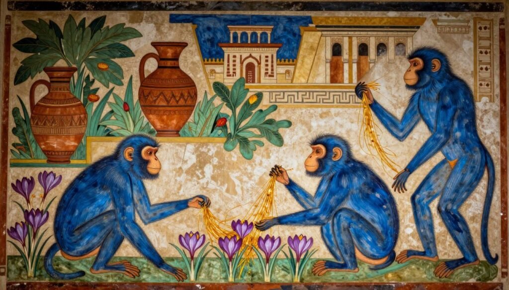 A vivid Minoan fresco depicting bright blue monkeys delicately gathering saffron from blooming crocus flowers, set against the textured walls of a grand palace. In the foreground, the monkeys are attentive and playful, interacting with the golden saffron strands emerging from the flowers. The middle layer showcases intricate details of terracotta jugs, inspired by Roman antiquity, and lush green foliage surrounding them. The background features stylized palace architecture bathed in moody, warm lighting, creating a sense of ancient mystery. The overall atmosphere is one of vibrancy and historical richness, drawing viewers into the unique world of Minoan artistry and the significance of saffron.
