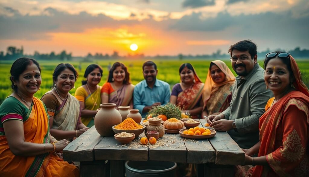 A warm and inviting scene of a traditional Indian harvest festival, showcasing a family joyfully sharing sesame jaggery sweets. In the foreground, a diverse family dressed in modest, vibrant ethnic attire is gathered around a rustic wooden table laden with golden jaggery and colorful sweets. The middle of the image features traditional clay pots and harvest decorations, symbolizing bountiful crops. In the background, lush green fields under a moody, cinematic sunset sky create a serene atmosphere. Soft, warm lighting enhances the inviting feel, with a shallow depth of field that brings the family's joyful expressions into focus. The overall mood is celebratory, highlighting the richness of Indian culture and the communal joy of sharing seasonal delicacies. A warm and inviting scene of a traditional Indian harvest festival, showcasing a family joyfully sharing sesame jaggery sweets. In the foreground, a diverse family dressed in modest, vibrant ethnic attire is gathered around a rustic wooden table laden with golden jaggery and colorful sweets. The middle of the image features traditional clay pots and harvest decorations, symbolizing bountiful crops. In the background, lush green fields under a moody, cinematic sunset sky create a serene atmosphere. Soft, warm lighting enhances the inviting feel, with a shallow depth of field that brings the family's joyful expressions into focus. The overall mood is celebratory, highlighting the richness of Indian culture and the communal joy of sharing seasonal delicacies.
