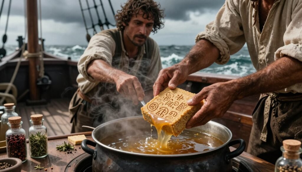 Aboard a wooden ship during the age of exploration, two sailors in modest clothing are intently dissolving a dry cake of portable soup in a steaming pot of hot water. In the foreground, detailed focus on the sailor's weathered hands stirring the pot, while the soup cake, embossed with ancient symbols, slowly melts into a rich broth. In the middle, the sailors are surrounded by scattered corked glass vials, showcasing raw ingredients like herbs and spices, suggesting a connection to ancient medicine. The background features rolling waves and a stormy sky, with moody, diffused lighting casting shadows across the deck, evoking a sense of adventure and discovery. The atmosphere is intense yet hopeful, hinting at the significance of their culinary endeavor.