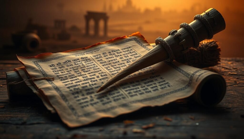 An ancient palm-leaf manuscript rests elegantly beside a rustic cane stalk in this captivating composition. The manuscript, adorned with intricate Sanskrit texts, displays a rich history of jaggery, with delicate patterns and natural wear giving it authenticity. The cane stalk, robust and textured, showcases the raw ingredients used in jaggery production. Soft, moody cinematic lighting bathes the scene, creating warm tones that evoke a sense of timelessness. In the background, faint shadows of an ancient Indian landscape subtly hint at the origins of this sweet delicacy. The overall atmosphere is rich and evocative, spotlighting the cultural significance of jaggery while harmonizing with the ancient Indian aesthetic. The composition captures the essence of tradition, history, and craftsmanship in an intimate and insightful manner. An ancient palm-leaf manuscript rests elegantly beside a rustic cane stalk in this captivating composition. The manuscript, adorned with intricate Sanskrit texts, displays a rich history of jaggery, with delicate patterns and natural wear giving it authenticity. The cane stalk, robust and textured, showcases the raw ingredients used in jaggery production. Soft, moody cinematic lighting bathes the scene, creating warm tones that evoke a sense of timelessness. In the background, faint shadows of an ancient Indian landscape subtly hint at the origins of this sweet delicacy. The overall atmosphere is rich and evocative, spotlighting the cultural significance of jaggery while harmonizing with the ancient Indian aesthetic. The composition captures the essence of tradition, history, and craftsmanship in an intimate and insightful manner.