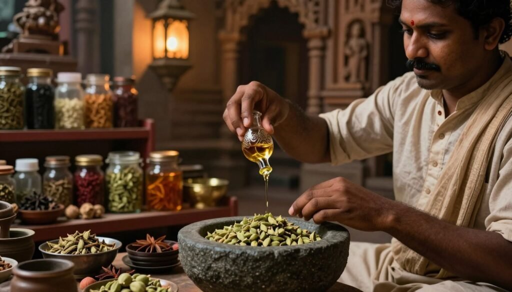 An ancient perfume maker, dressed in modest clothing, carefully blends aromatic oils with raw green cardamom and various spices in a temple workshop. The foreground showcases a heavy stone mortar filled with cardamom pods, while the artisan skillfully pours fragrant oils from ornate glass vials. In the middle ground, shelves lined with dried herbs and colorful jars create a rich, vibrant setting. The background reveals intricate temple carvings and softly glowing lanterns, enhancing the mood with warm, moody lighting reminiscent of the Dutch Golden Age. The scene captures the essence of ancient craftsmanship, emphasizing the tranquil yet industrious atmosphere of this sacred space. Please depict the moment with a shallow depth of field to soften the background and focus on the perfume maker's expressions of concentration and artistry.