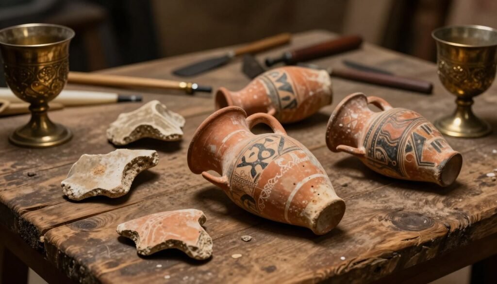Ancient clay amphora fragments scattered across a weathered wooden dig table, showcasing intricate Neolithic designs and textures. In the foreground, the amphora shards display earthy tones of terracotta and ash, emphasizing their age and historical significance. Surrounding the fragments, ornate metal chalices gleam softly in the warm, moody lighting that casts gentle shadows, creating an atmosphere of archaeological discovery. In the middle background, subtle hints of hand tools and brushes suggest ongoing excavation work, enhancing the context of a Neolithic village setting. The overall composition is intimate and evocative, inviting viewers to delve into the rich history of ancient wine-making practices. The angle is slightly elevated, drawing focus to the textures of the amphora fragments while ensuring the surrounding elements hint at a bustling archaeological site.