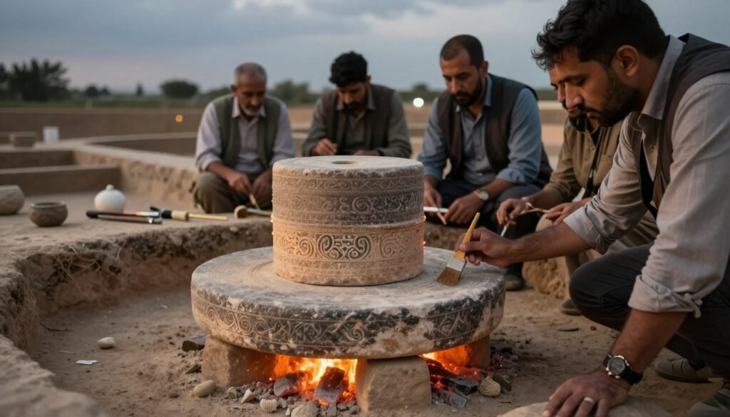 Archaeologists in professional attire carefully examining an ancient saddle quern at the Abu Hureyra excavation site. In the foreground, the raw quern hand mill, made of stone, is illuminated by warm, glowing embers, emphasizing its intricate carvings and worn textures. The middle ground features the archaeologists, focused on their work, using brushes and tools to brush away dirt, highlighting their collaborative efforts and professionalism. The background showcases the excavated site with scattered artifacts and archaeological tools under a moody, atmospheric sky, casting soft shadows. The scene is captured with a shallow depth of field, allowing for sharp focus on the quern while creating a sense of depth, evoking a feeling of curiosity and reverence for the past.