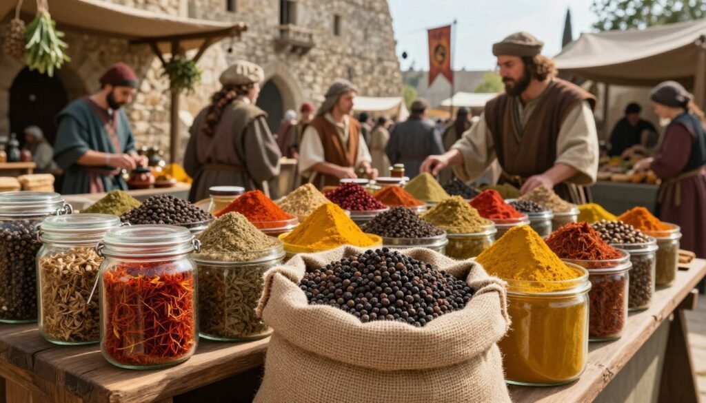 Black pepper and other spices displayed in a medieval market