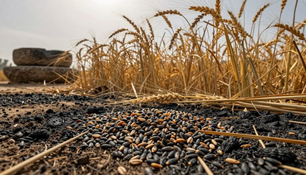 Charred ancient grain remains scattered among dried wild barley stalks, capturing the essence of a Fertile Crescent archaeological site. In the foreground, showcase heavily scorched grains, with details of their intricate textures fading into the earthy tones of the soil. The middle ground features wild barley, its golden stalks swaying gently, illuminated by soft, diffused sunlight filtering through a hazy sky, enhancing the rustic Roman aesthetic. In the background, partially buried heavy grinding stones hint at ancient agricultural practices. The atmosphere is moody and evocative, drawing viewers into a rich historical narrative. Use a low-angle shot to emphasize the height of the barley against the backdrop, painting a vivid scene that reflects the significance of these ancient grains.