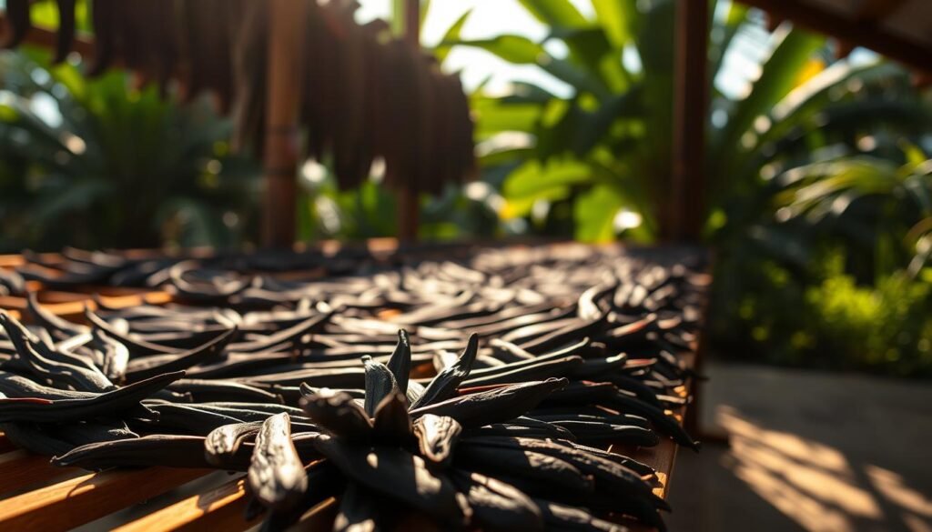 Dark vanilla beans, deep mahogany in color, drying gracefully on wooden racks under the warm sunlight, creating a beautiful contrast with their rich texture. In the foreground, focus on a few plump beans, glistening slightly with moisture. The middle ground features several drying racks lined closely together, showcasing the meticulous arrangement of the beans, hinting at the care taken in their curing process. In the background, soft silhouettes of lush tropical greenery filter the sunlight, adding a sense of depth and richness to the scene. The atmosphere is serene and industrious, evoking a connection to Mesoamerican antiquity as the warm sunlight casts gentle shadows, creating a moody yet inviting environment. Shot with a shallow depth of field to accentuate the beans' details while softly blurring the background.