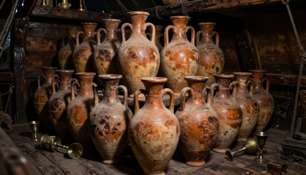 Dressel amphorae stacked neatly in the dimly lit hold of an ancient ship, acting as rustic wine transport containers. The amphorae, characterized by their slender necks and robust bodies, display weathered textures and intricate patterns, reflecting their Bronze Age origins. Ornate metal chalices lie scattered among the amphorae, hinting at the luxurious wine once held within. The lighting is moody and atmospheric, casting long shadows that emphasize the aged wood of the ship's interior. The shot is taken from a low angle, enhancing the massif structure of the amphorae while creating a sense of depth and history. The overall mood evokes a sense of nostalgia and respect for ancient traditions in wine transport.
