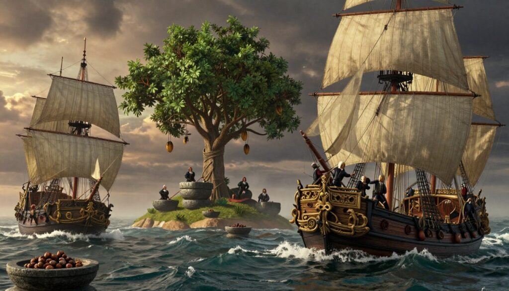 European merchant ships from the Dutch Golden Age sail aggressively through turbulent waters, competing for control of the spice islands trade. In the foreground, a richly detailed ship, adorned with intricate carvings and billowing sails, clashes with another vessel, while crew members, dressed in professional 17th-century attire, strain at their ropes. In the middle ground, a small island lush with green nutmeg trees and heavy stone mortars for processing spices emerges from the mist. The background features a dramatic twilight sky, casting moody shadows over the scene. The atmosphere is tense yet vibrant, reflecting the fierce competition and the precious cargo of raw nutmeg held by the merchants. The image captures the essence of adventure and ambition during this historic era. Soft golden light highlights the ships' sails, creating an immersive and dynamic visual narrative.
