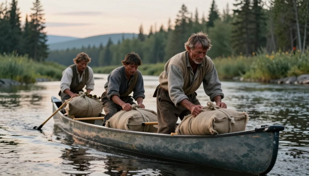 Fur traders dressed in modest, rugged clothing are seen loading burlap bags filled with pemmican into a canoe on a northern river. In the foreground, focus on the traders, their weathered faces showing determination and resilience as they carefully handle the heavy bags. The middle ground features the sleek canoe, its wooden frame reflecting the soft moody lighting of the late afternoon sun. Lush greenery and rugged northern landscapes frame the river in the background, adding depth and context to the scene. The atmosphere is one of hard work and survival, evoking the spirit of exploration. Use a shallow depth of field to highlight the traders and canoe, while gently blurring the distant trees and riverbanks, creating an immersive, historical feel. Fur traders dressed in modest, rugged clothing are seen loading burlap bags filled with pemmican into a canoe on a northern river. In the foreground, focus on the traders, their weathered faces showing determination and resilience as they carefully handle the heavy bags. The middle ground features the sleek canoe, its wooden frame reflecting the soft moody lighting of the late afternoon sun. Lush greenery and rugged northern landscapes frame the river in the background, adding depth and context to the scene. The atmosphere is one of hard work and survival, evoking the spirit of exploration. Use a shallow depth of field to highlight the traders and canoe, while gently blurring the distant trees and riverbanks, creating an immersive, historical feel.