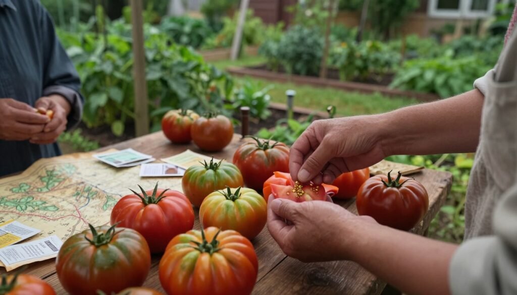 Gardeners, dressed in modest casual clothing, carefully save seeds from vibrant heirloom tomatoes in an early American kitchen garden. In the foreground, a close-up view reveals their hands delicately extracting seeds, surrounded by raw heirloom tomatoes in varying colors and sizes. The middle ground features rustic wooden tables laden with aged parchment maps and seed packets, hinting at a rich history. The background showcases lush, sprawling garden beds filled with verdant plants, under a gentle, moody light that casts soft shadows, creating an intimate, contemplative atmosphere. The scene captures the dedication and knowledge passed down through generations, emphasizing the connection to Mesoamerican antiquity while echoing the significance of heirloom tomatoes in culinary heritage. Gardeners, dressed in modest casual clothing, carefully save seeds from vibrant heirloom tomatoes in an early American kitchen garden. In the foreground, a close-up view reveals their hands delicately extracting seeds, surrounded by raw heirloom tomatoes in varying colors and sizes. The middle ground features rustic wooden tables laden with aged parchment maps and seed packets, hinting at a rich history. The background showcases lush, sprawling garden beds filled with verdant plants, under a gentle, moody light that casts soft shadows, creating an intimate, contemplative atmosphere. The scene captures the dedication and knowledge passed down through generations, emphasizing the connection to Mesoamerican antiquity while echoing the significance of heirloom tomatoes in culinary heritage.