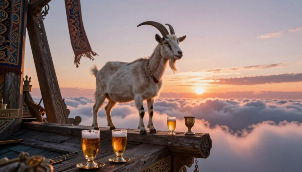 Heidrun the goat stands majestically atop the grand roof of Valhalla, her fur glistening in the soft, golden light of a dramatic sunset. In the foreground, ornate metal chalices filled with raw mead are scattered elegantly, capturing the essence of a royal banquet. The middle ground features intricately designed wooden beams of Valhalla, echoing Norse architecture, while lavish tapestries flutter gently in the breeze. In the background, the horizon reveals ethereal clouds with hints of light piercing through, creating a divine atmosphere. The scene exudes a sense of tranquility mixed with a hint of celebration, underscored by the deep, enchanting colors of twilight. Capture this moment from a slightly elevated angle, as if witnessing from a celestial perspective, to enhance the mythical grandeur of the setting.