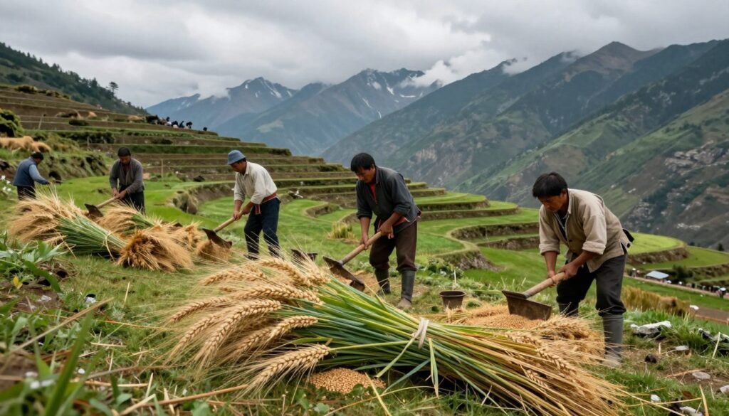 Highland farmers wearing modest, traditional clothing harvest hull-less barley varieties on lush, green Himalayan terraces. In the foreground, detailed textures of plump barley grains and vibrant green stalks are visible, showcasing the labor-intensive process. The middle ground features farmers using traditional tools, their focused expressions reflecting dedication and community spirit. In the background, majestic Himalayan peaks rise under a moody, overcast sky, with soft, diffused lighting creating a dramatic atmosphere that emphasizes the agricultural landscape. The scene captures the rustic Roman aesthetic through the earthy tones and natural elements, inviting viewers to appreciate the harmony between humans and nature. The perspective is slightly elevated, offering a comprehensive view of both the terraces and the farmers at work, embodying the resilience and history of barley cultivation.