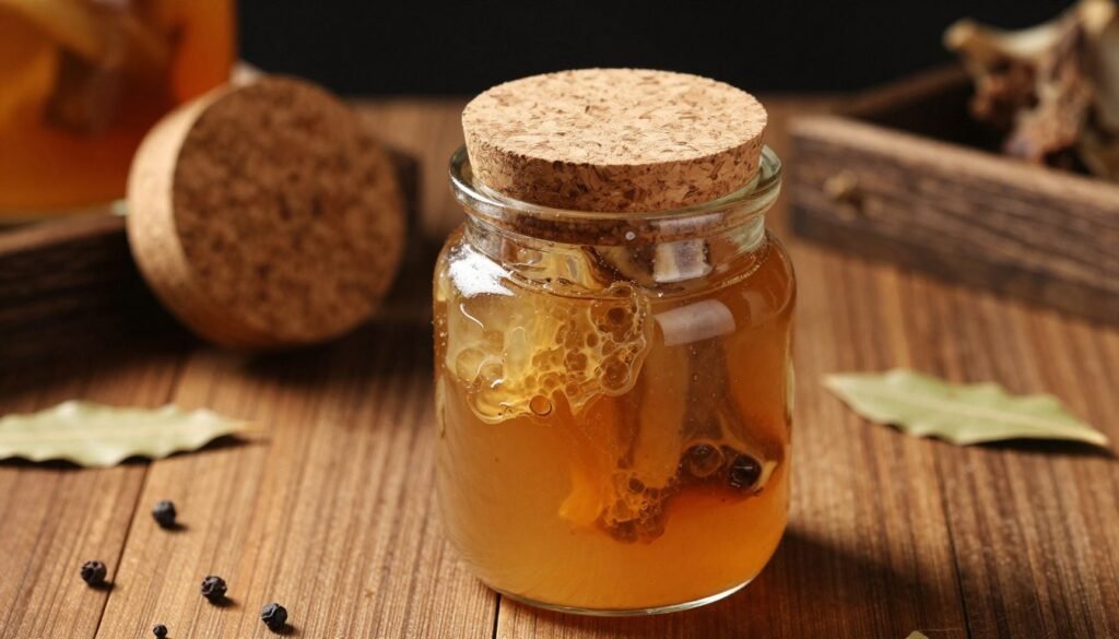 Homemade beef bone broth with collagen setting to gel in a corked glass jar, elegantly presented in the foreground. The jar highlights a rich, golden-brown broth with a slight sheen, capturing the essence of ancient medicinal preparation. In the middle ground, soft shadows enhance the texture of the gelling collagen, creating a sense of depth. The background features a subtle wooden countertop, accentuated by moody, warm lighting that suggests a cozy kitchen atmosphere. A few scattered spices, like peppercorns and bay leaves, add a rustic touch. The scene is artfully composed with a shallow depth of field, focusing on the jar while allowing the background to gently blur, creating a tranquil and inviting mood that reflects the heritage of bone broth.